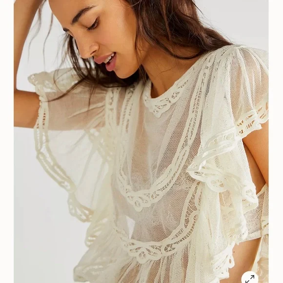FREE PEOPLE I’m Pretty, OK Lace Mesh Tiered Ivory Top SZ L NEW!!! - Picture 3 of 5